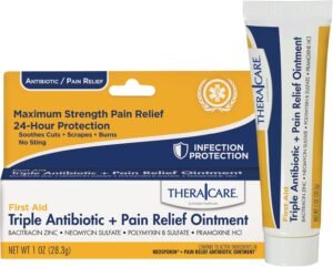 TheraCare Triple Antibiotic + Pain Relief Ointment | First Aid | Maximum Strength Relief | 24-Hour Protection | 1.0 oz | Dual Action Wound Care for Minor Scrapes and Cuts