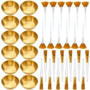 Teenyyou 36 Pcs Esthetician Supplies for Facials Set Includes 12 Stainless Steel Facial Bowls 12 Brushes 12 Flat Facial Spatula Mask Cosmetic Applicators for Women Mask Mixing Tools Kit(Golden)