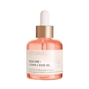 BIOSSANCE Squalane + Vitamin C Rose Advanced Facial Oil – Brightening, Firming, and Hydrating Serum for All Skin Types – Chios Crystal Oil, Damascus Rose Extract & Squalane for Radiance