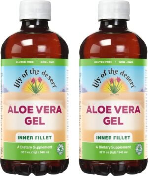 Lily Of The Desert Aloe Vera Gel – Inner Fillet Thicker Consistency Aloe Vera Drink with Natural Vitamins, Digestive Enzymes for Gut Health, Stomach Relief, Wellness, Glowing Skin, 32 Oz (Pack of 2)