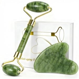 Jade Roller & Gua Sha Set – Natural Jade Face Roller Facial Massage Skincare Tools for Women,Reduce Puffiness and Fine Lines (Forest Green)
