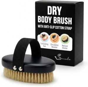 Serrento Dry Brush for Skin – Exfoliating Body Tool for Dry Brushing & Lymphatic Drainage, Natural, Firm Brush for Skin, with Anti-Slip Cotton Strap & Black Wooden Base, 2 in x 5 in