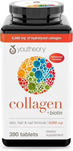 Youtheory Collagen + Biotin – Advanced Collagen Supplement – with Hydrolyzed Peptides, Vitamin C & Vitamin B – Supports Hair Growth, Nail Health & Skin – 390 Tablets