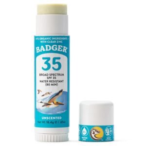 Badger Mineral Sunscreen Face Stick SPF 35, 97% Organic Unscented Zinc Oxide Travel Sunscreen, Coral Reef Safe Travel Size Stick, .65 oz