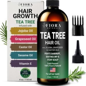 Fiora Naturals Tea Tree Oil for Hair and Scalp – with Jojoba, Grape Seed & Castor Oils – Helps Hair Growth, Soothes Itchy Scalp & Fights Dandruff – Moisturizes and adds Shine – 4 fl oz