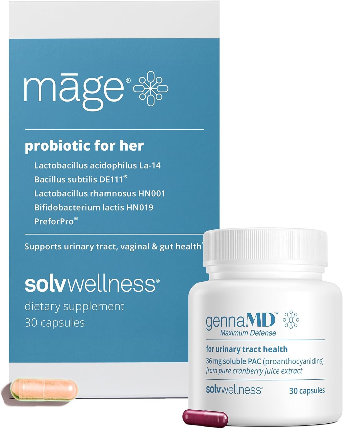 Solv Wellness Women’s Pelvic & Gut Health Bundle – GennaMD Cranberry Juice Extract 36 mg Soluble PAC 30 Capsules, Mage Prebiotic & Probiotic – Urinary Tract, Vaginal & Gut Microbiome Support