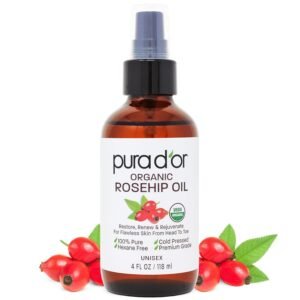 PURA D’OR 4 Oz ORGANIC Rosehip Seed Oil 100% Pure Cold Pressed USDA Certified Anti-Aging Youthful Look-Vitamin A & C Rich-Helps Fade Appearance of Scars & Stretch Marks – For Face, Hair & Body
