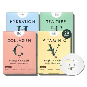 Rael Face Mask Skin Care, Bamboo Facial Mask Sheet Set – Variety Pack, Korean Skincare, All Skin Types, Gift Set (5 Hydration, 5 Vitamin C, 5 Collagen, 5 Tea Tree, 20 Sheets)