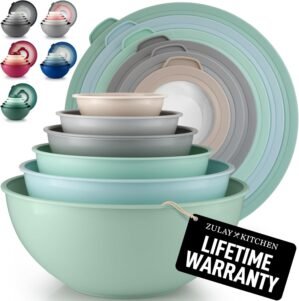 Zulay Kitchen 12 Piece Plastic Nesting Mixing Bowl Set – Colorful Bowls with Lids – Microwave and Freezer Safe (Mint Ombre)