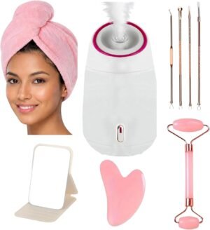Facial Steamer,Complete Home Spa Set – Jade Roller, Gua Sha, Blackhead Remover Tools, Microfiber Hair Towel, Deep Pore Cleansing, Hydrating