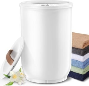 FLYHIT Large Towel Warmer for Bathroom – Heated Towel Warmers Bucket, Wood Handle, Auto Shut Off, Fits Up to Two 40″X70″ Oversized Towels, Bathrobes, Blankets, for Mother’s Gifts, White