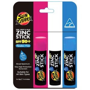 Sun Zapper Zinc Sunscreen Stick 3-Pack SPF 50+ Pink White Blue – Mineral Sunscreen Sticks for Face, Water Resistant Sunblock for Kids and Family, Travel Size 12g (0.42 oz), Australian Made