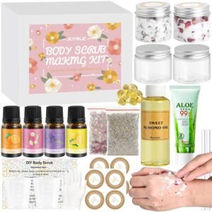 JUYRLE Body Scrub Making Kit- Make Your Own Salt Body Scrub with Almond Oil, Essential Oils, Moisturizing and Exfoliating Dry Skin Hand Foot DIY Organic Body Scrubs Gifts For Women & Men