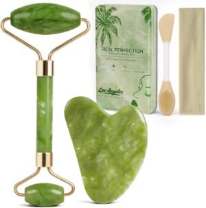 Real Perfection Gua Sha Facial Tools Face Roller for Wrinkles Jade Roller and Gua Sha Set, Scrubber Pore Brush Headband Skin Care Tools for Travel Skincare Routine Massaging Reducing Puffiness – Green
