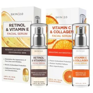 Skin 2.0 Retinol & Vitamin E + Collagen & Vitamin C Serum For Face – Dermatologist Tested, Anti Aging, Korean Skin Care – Smooths Lines, Firms, Hydrates, Revitalizes – Vegan, Clean Beauty – Pack of 2