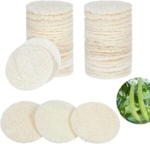 Nogeqi 30 Pcs 2.17 Inch Natural Loofah Sponge Pads for Washing Face, Exfoliating Body Facial Scrub Pads for Makeup & Dead Skin Removal Cleansing Skin for Women and Men(One Side softened)