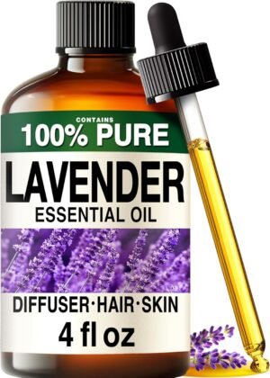 100% Pure Lavender Oil – 4 Fl Oz Lavender Essential Oil for Hair, Skin, Diffuser, Aromatherapy & DIY Soap Making Scent