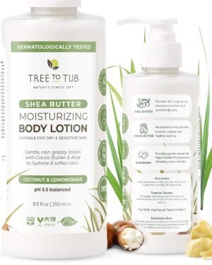 Tree To Tub Cocoa Butter Lotion for Sensitive Skin – Moisturizing Shea Butter Lotion for Extremely Dry Skin for Women & Men – Lemongrass & Coconut Body Cream w/Organic Aloe Vera, Colloidal Oatmeal