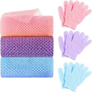 6 Pack African Net Sponge Exfoliating Glove Set, 3 Bath Sponge Body Scrubber Back Scrubber and 3 Pairs Exfoliating Gloves as Stocking Stuffers for Adults