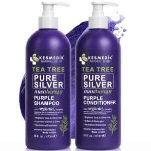 KESMEDIK Tea Tree Purple Shampoo & Conditioner Set with Rosemary & Aloe, Professional Anti Brass Toner, Removes Yellow Tones for Gray, Bleached, White & Blonde Hair, Refreshes Scalp, Sulfate-Free