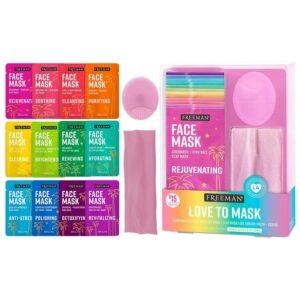 Freeman 14 Piece Love To Mask Variety Pack, Facial Masks For All Skin Types, Hydrate, Detoxify, & Clear Skin, Exfoliating Scrub, Bonus Headband and Skin Buffer, Face Masks Are Cruelty-Free & Vegan