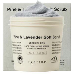 Foaming Body Scrub for Sensitive Skin, Pine & Lavender Whipped Sugar Scrub with AHA BHA PHA, Relaxing 2-in-1 Face & Body Wash Exfoliator, Soothing Daisy Flower, Woody Lavender Scent, 7.05 oz