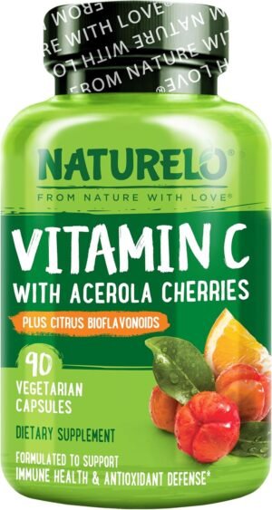 NATURELO Vitamin C with Organic Acerola Cherry Extract and Citrus Bioflavonoids – Vegan Supplement – Immune Support – 500 mg VIT C per Cap – Non-GMO – 90 Capsules