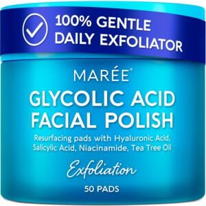 MAREE Glycolic Acid Pads – Toner Pads for Face Cleansing – Exfoliating Pad with Tea Tree Oil, Salicylic Acid & Vitamins E, B3, B5 – Facial Polishes & Peels, Skin Pore Resurfacing & Radiance – 50 Count