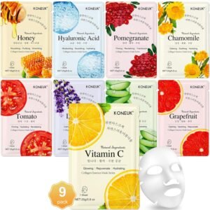 KONEUK 9 Pack Collagen Face Masks Skincare for Women, Hydrating Sheet Face Masks Suitable for All Skin Types, Bulk Facial Masks for Women Skin Care, Face Mask Gifts Set for Spa Party
