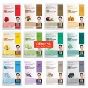 DERMAL 12 Combo Pack Collagen Essence Korean Face Mask Best Value Set – Hydrating & Soothing Facial Mask with Panthenol – Hypoallergenic Sheet Mask for All Skin Types – Natural Home Spa Treatment Mask