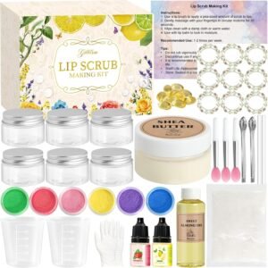 Lip Scrub Making Kit- DIY Sugar Lip Scrub Kit, Make Your Own Lip Scrubber Exfoliator with Shea Butter, Essential Oils, Lip Brush Moisturizing Lip Care Making Set for Dry Lip, Gift Women Man