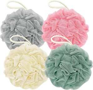 Rnoafmu Shower Loofah Bath Sponge, 60G Loofah Exfoliating Body Scrubber, 4 Color Mesh Shower Pouf Balls for Body Wash (Pink Green White Gray)