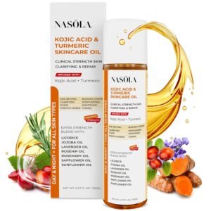 Nasola Kojic Acid & Turmeric Skincare Bio Pure Oil – Maximum Strength Clarifying Body Oil with Licorice, Jojoba, Rosehip & Lavender – Hydrating Moisturizer Serum for Uneven Skin Tone & Fine Lines