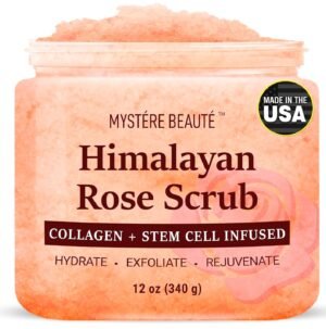 MYSTÉRE BEAUTÉ Himalayan Salt Body Scrub with Collagen & Rose Oil (12 oz) – Exfoliating Scrub for Cellulite, Acne, Scars & Stretch Marks – Deep Cleansing & Moisturizing – Natural Skin Care Gift