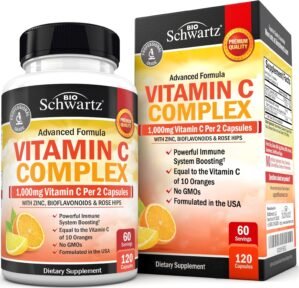 BioSchwartz Vitamin C Complex Supplement – Vitamin C 1000mg Capsules with Rose HIPS Zinc and Citrus Bioflavonoids for Immune Health, Cellular Energy, Collagen Production, 120 Count (60 Day Supply)