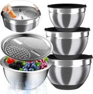 Nicdiet Mixing Bowls with Airtight Lids, Stainless Steel Mixing Bowl Set with 3 Metal Nesting Bowls, Colander & Grater, Non-Slip Bottoms, Size 1.5, 2.5, 5 QT, Great for Mixing & Serving, Black