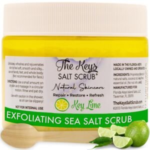The Keys Salt Scrub -Sea Salt Scrub – Exfoliating Body Scrub with Wooden Spoon – Moisturizing Exfoliator for Hands, Foot, Bath, (12 Ounce (Pack of 1), Key Lime)