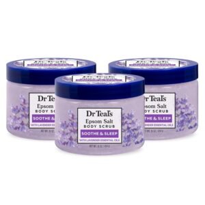 Dr Teal’s Pure Epsom Salt Body Scrub, Soothe & Sleep with Lavender Essential Oils, 16 oz (Pack of 3)
