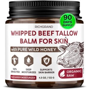 RICHGRAND Beef Tallow for Skin – Whipped Tallow and Honey Balm – Grass Fed Beef Tallow for Face, Daily Moisturizer & Body Butter – Natural Non Comedogenic Skincare (4.3 oz)