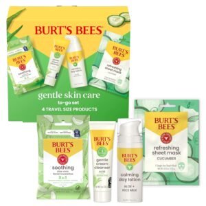 Burt’s Bees Gentle Skin Care To-Go Set, Includes Cleanser, Towelettes, Lotion and Sheet Mask, Travel Size Facial Skin Care Products for Sensitive Skin, Natural Origin, 1 Gift Set