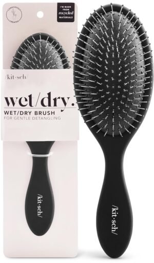 Kitsch Recycled Plastic Wet/Dry Hair Brush, Detangling Tool for Curly or Straight Styles, Brush for Tangled Strands, Flexible Hairbrush Bristles, Brushes for Women & Men, Adults & Kids – Flexi Black