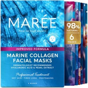 MAREE Collagen Facial Mask with Hyaluronic Acid — Sheet Face Mask Skincare — Centella Asiatica, Green & Red Algae Extract — Hydrating Facemask For Women Skin Care — Mascarillas Para La Cara — 6 Count