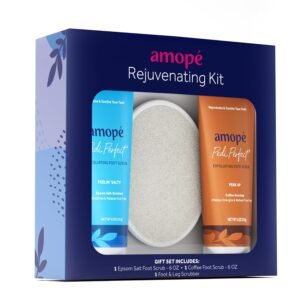 Amopé Rejuvenating Kit – Contains Exfoliating Sugar Foot Scrubs with Epsom Salt, Coffee and a Nourishing Blend of Moisturizers to Rejuvenate, Smooth, Soothe & Relax your Feet, with Foot & Leg Scrubber
