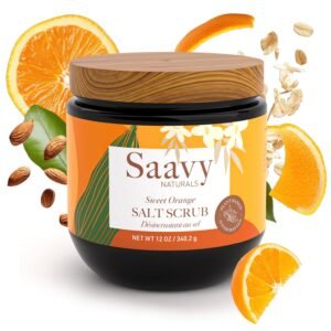 Saavy Naturals Body Scrub – Scented Salt Orange Extract, Natural Body Scrub & Vegan Exfoliating with Vitamin E, Gentle for Sensitive Skin – Made in USA – Sweet Orange (1 Pack) – 12 oz