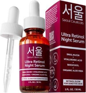 SeoulCeuticals 1% Korean Retinol Night Serum for Face – 97.5% Snail Mucin + Hyaluronic Acid + Bakuchiol, Cruelty Free K Beauty for Sensitive Skin 1oz