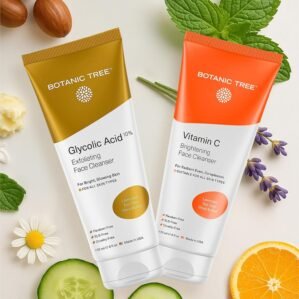 Botanic Tree Double Face Wash Kit – Gentle Facial Cleanser Set of Glycolic Acid Exfoliator Facewash And Vitamin C Cleanser for Women, Men – Natural Exfoliating Scrub Set for Oily, Dry, Sensitive Skin