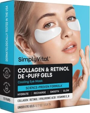 Collagen Eye Patches with Retinol & Hyaluronic Acid Mask – Depuffing Under Eye Patches for Puffy Eyes and Dark Circles – Cooling Undereye Masks for Women & Men – Parches Para Ojeras – 15 Pairs