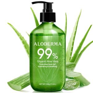 Aloderma Aloe Vera Gel – Large 17.6oz Value Pump – Made within 12 Hours of Harvest with 99% Organic Aloe Vera, Lightweight, Non-Sticky for Sunburns, Natural, Soothing Aloe Vera for Face & Hair