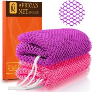 UJFQBH African Net Sponge 2-Pieces, Authentic Exfoliating Body Scrubber for Shower & Bath, Deep Cleansing Lather for Dead Skin Removal, Back Scrubber for Women & Men (Rose Red & Purple)