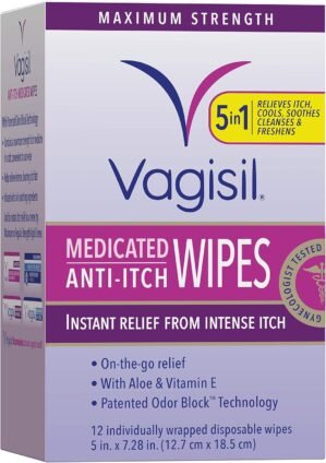 Vagisil Anti-Itch Medicated Feminine Intimate Wipes for Women, Maximum Strength, Gynecologist Tested, 12 Wipes (Pack of 1)